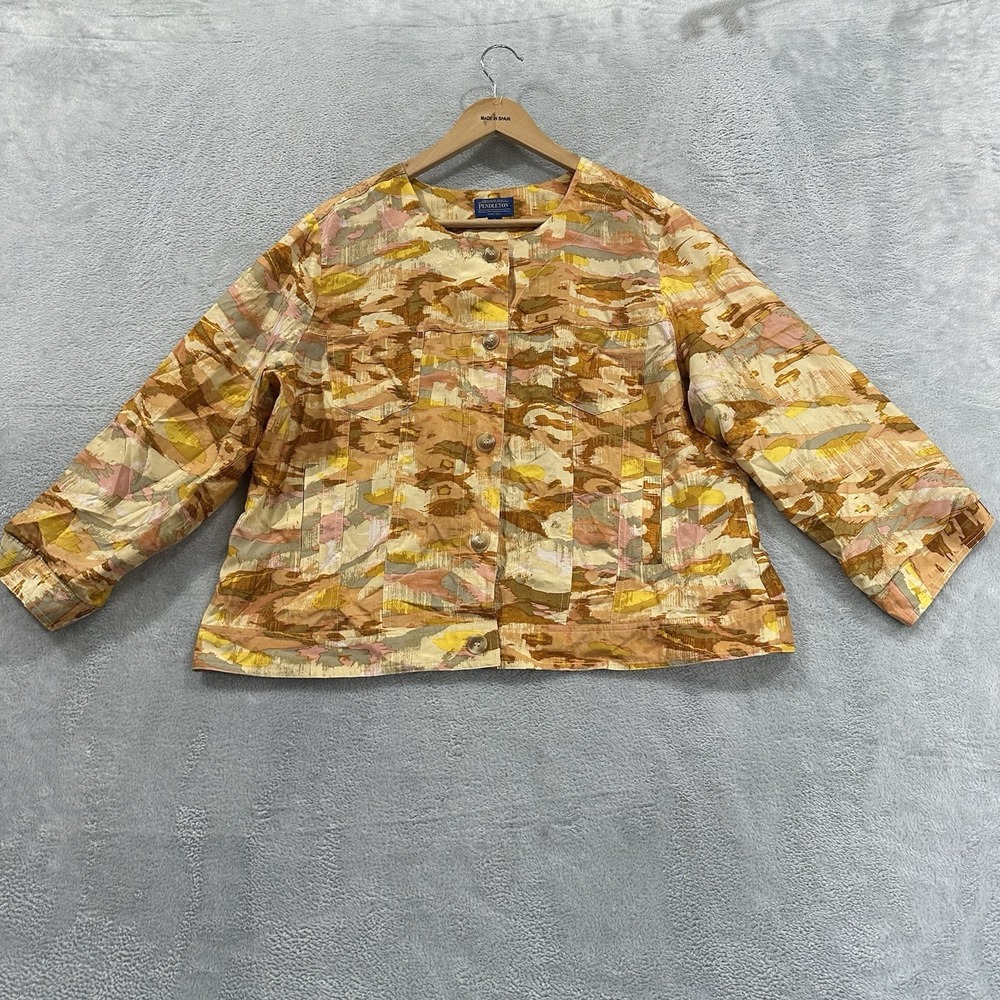 Pendleton Silk Button Shirt Long Sleeve Women XL Yellow Camo Boho Vtg